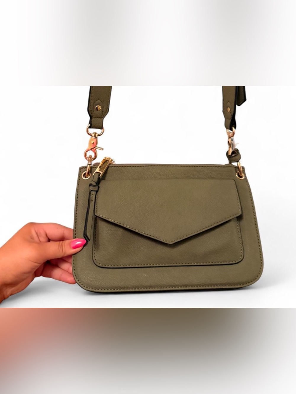 Olive Green Envelope Flap Crossbody Bag with Gold Hardware